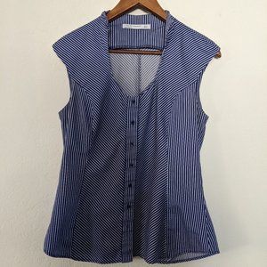 Zara Women Button Up Structure Flattering Cap Sleeves Striped Top Blue Medium